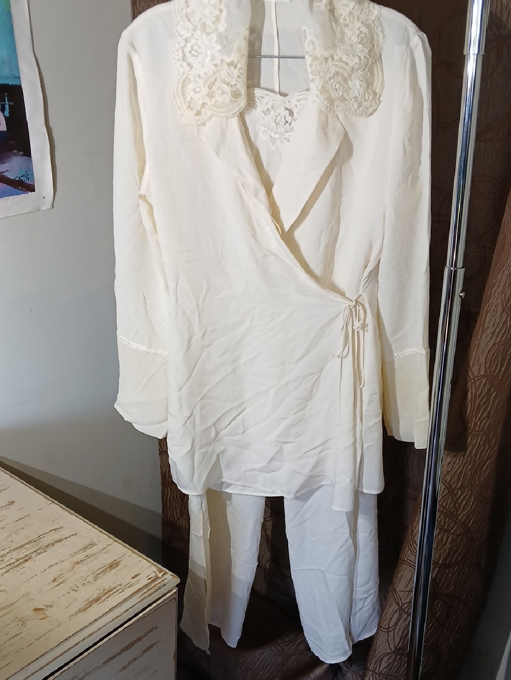 Women's Cream Lace-Trim Wrap Pajama Set